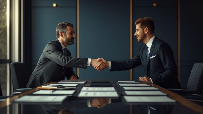 İş anlaşması — toplantı masasında el sıkışma